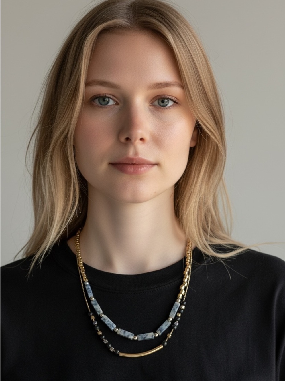 9/26 Gold and Blue Layered Bead Necklace - Women Jewelry